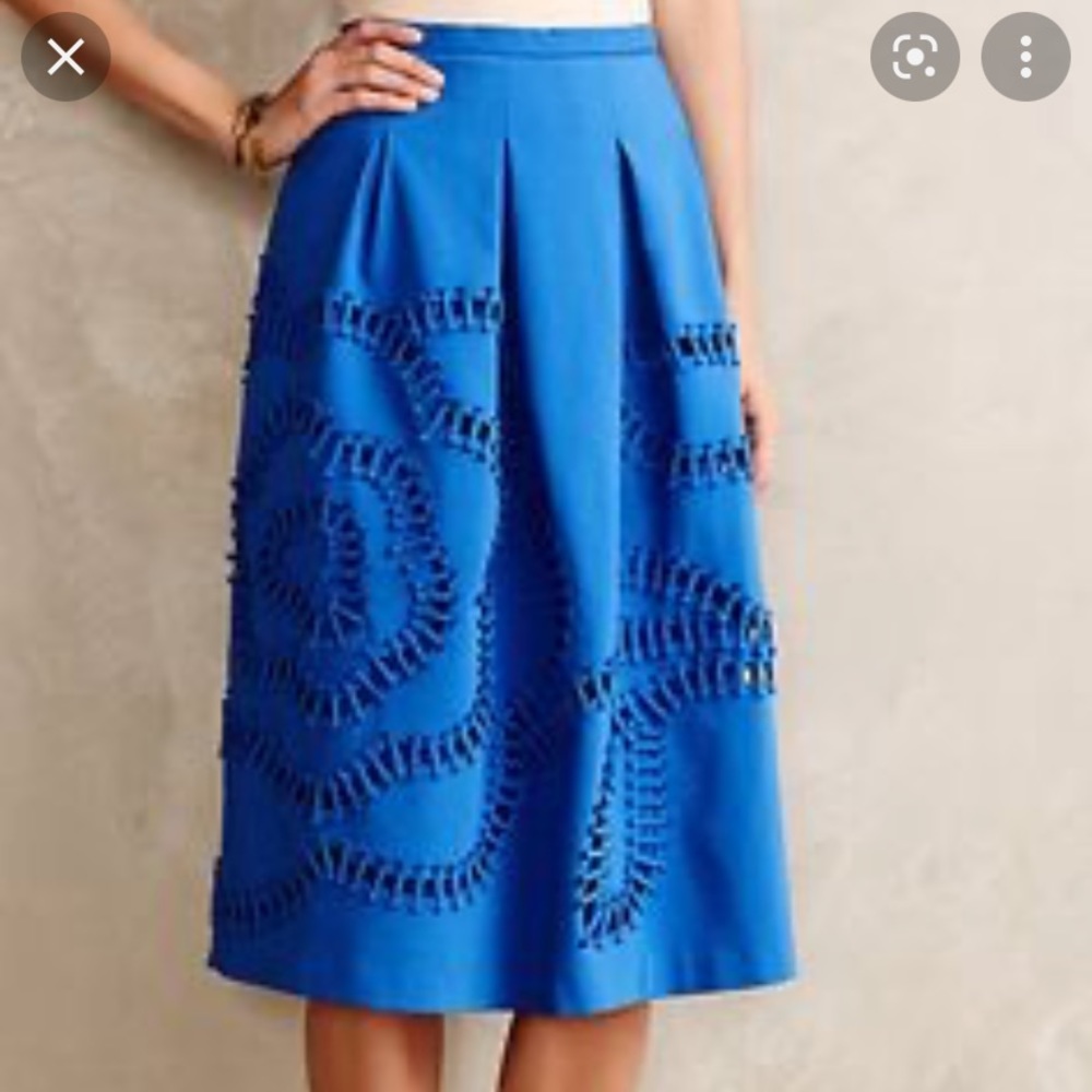 Anthropologie Royal Blue A-Line Midi Skirt with Cutout Lace Detail